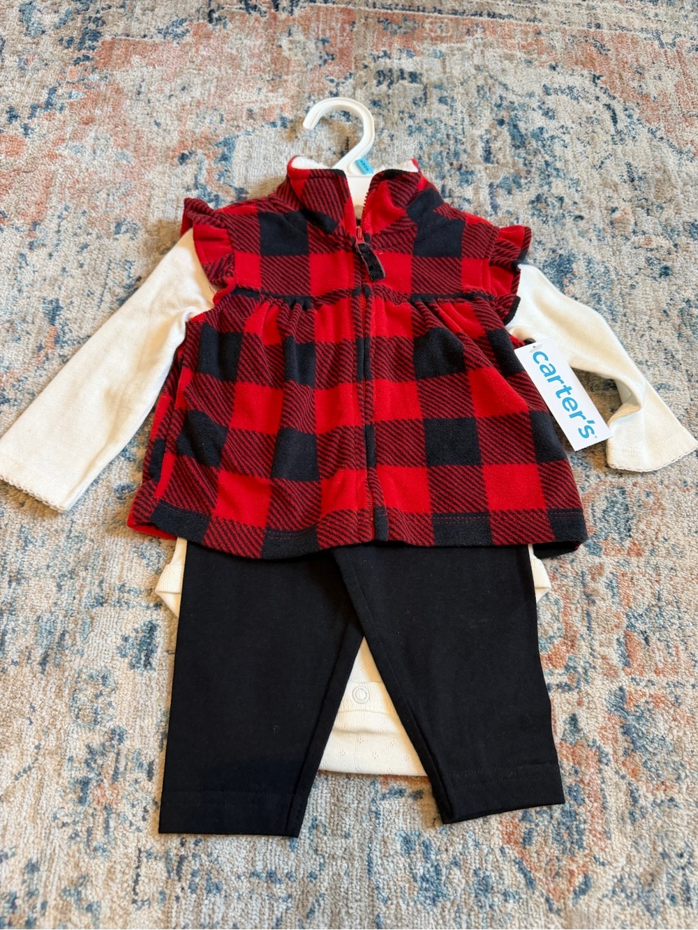 Carter's Red & Black Buffalo Plaid Vest Set with Cream Top and Black Leggings